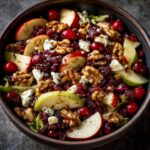 A vibrant bowl of Apple Cranberry Walnut Salad with Goat Cheese, featuring apples, cranberries, and walnuts.