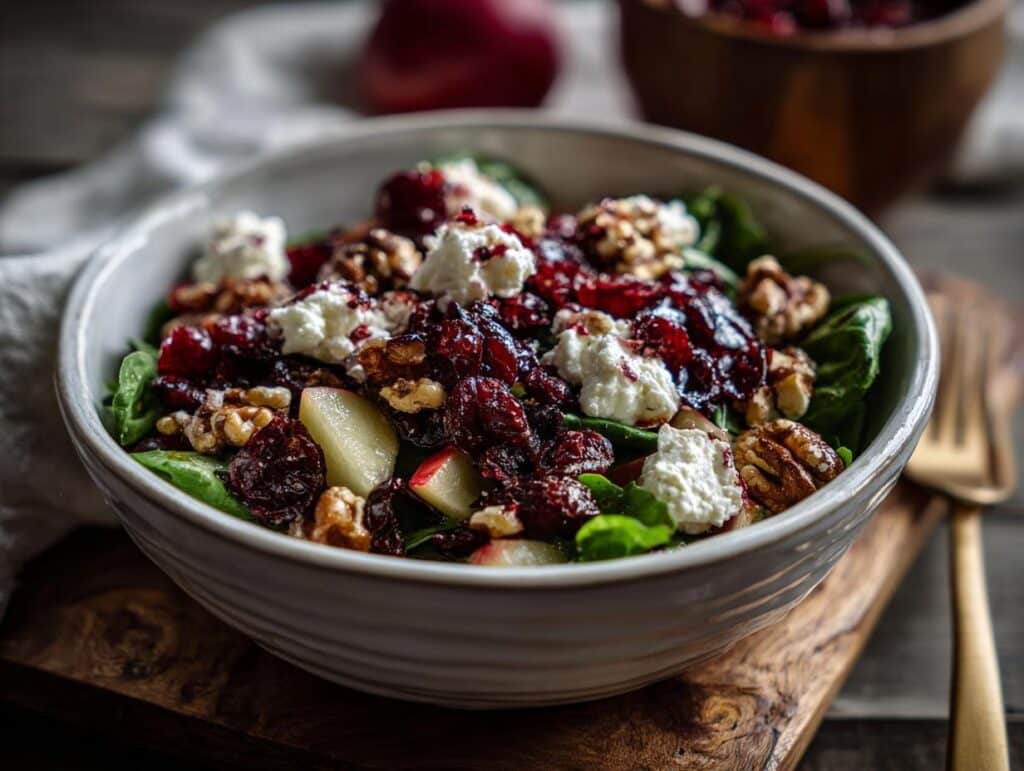 A vibrant Apple Cranberry Walnut Salad with Goat Cheese in a white bowl on a wooden board.