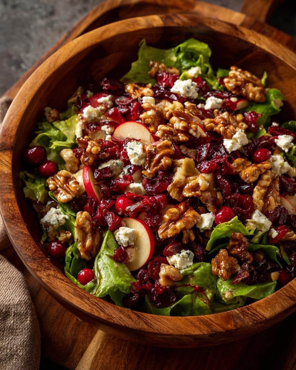 Devastating Apple Cranberry Salad in Just 15 Minutes 6 Wooden bowl filled with Apple Cranberry Walnut Salad with Goat Cheese, featuring lettuce, apples, cranberries, walnuts, and goat cheese.