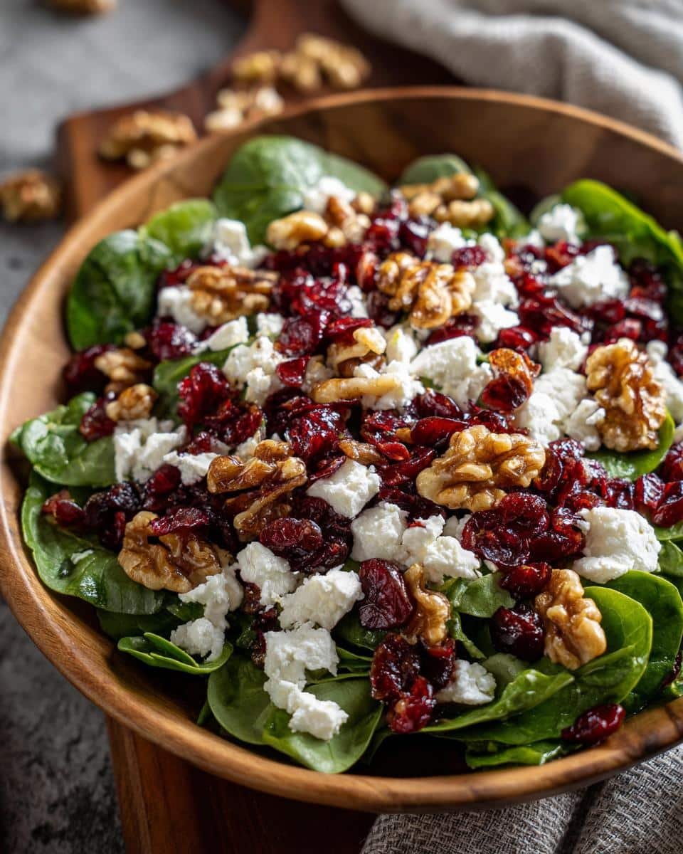 Devastating Apple Cranberry Salad in Just 15 Minutes 7 Wooden bowl filled with Apple Cranberry Walnut Salad with Goat Cheese on a bed of spinach.