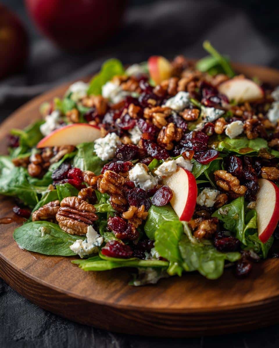 Devastating Apple Cranberry Salad in Just 15 Minutes 8 Close-up of Apple Cranberry Walnut Salad with Goat Cheese on a wooden board, featuring spinach, apples, cranberries, and walnuts.