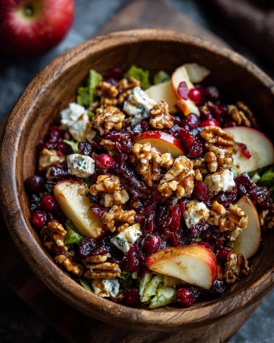Devastating Apple Cranberry Salad in Just 15 Minutes 9 Wooden bowl filled with Apple Cranberry Walnut Salad with Goat Cheese, featuring apples, cranberries, walnuts, and goat cheese.