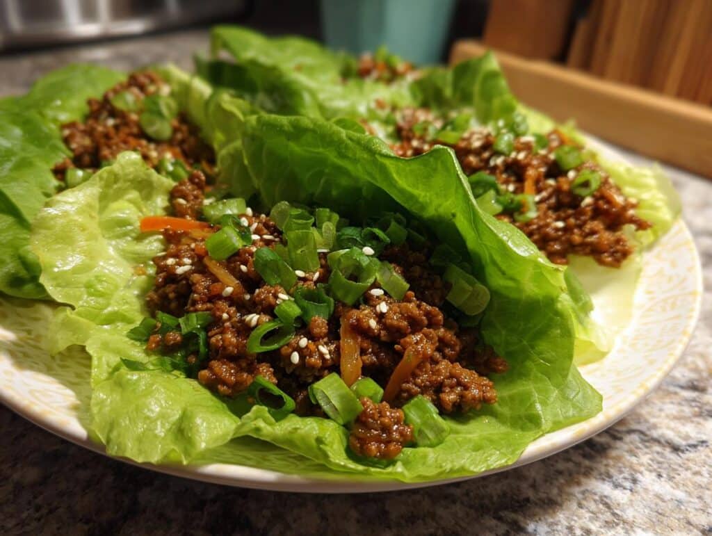 Several Asian Ground Beef Lettuce Wraps on a plate, garnished with green onions and sesame seeds.
