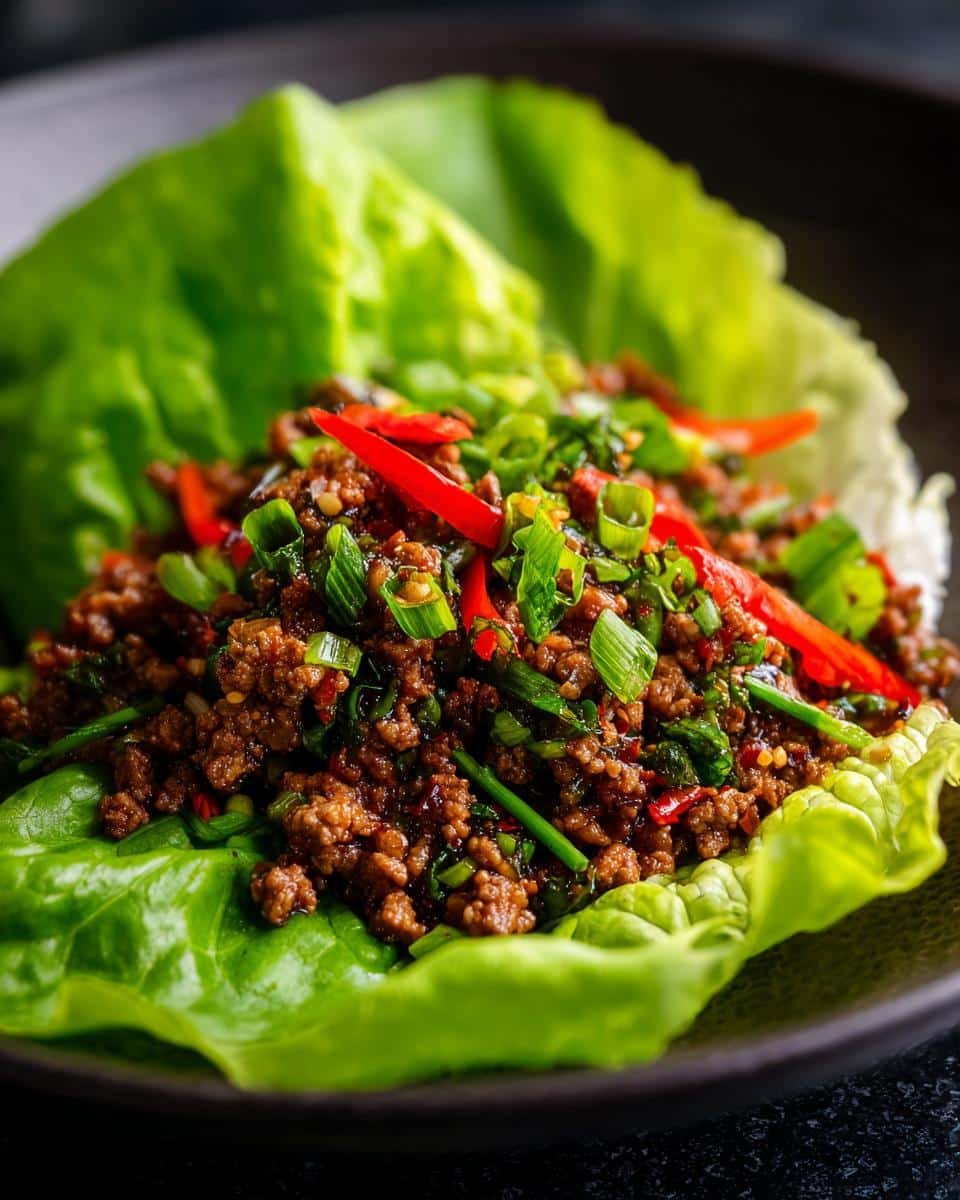 Savory Asian Ground Beef Lettuce Wraps: 10-Minute Meal 6 Close-up of Asian Ground Beef Lettuce Wraps with ground beef, green onions, and red peppers in a lettuce cup.