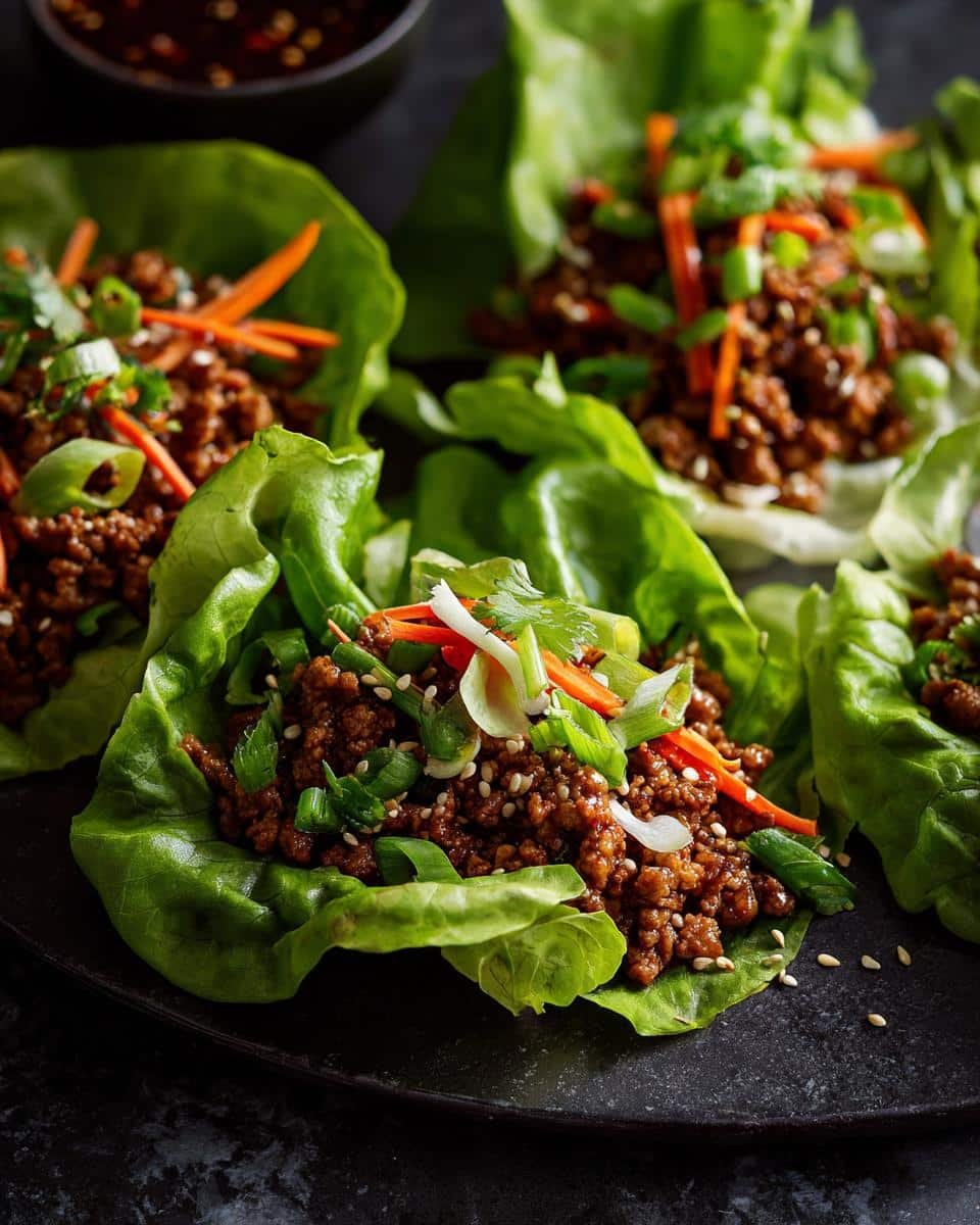 Savory Asian Ground Beef Lettuce Wraps: 10-Minute Meal 7 Several Asian Ground Beef Lettuce Wraps on a dark plate, garnished with carrots and green onions.