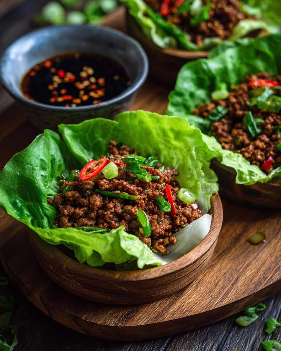 Savory Asian Ground Beef Lettuce Wraps: 10-Minute Meal 8 Close-up of Asian Ground Beef Lettuce Wraps in wooden bowls, garnished with chili and scallions, served with dipping sauce.