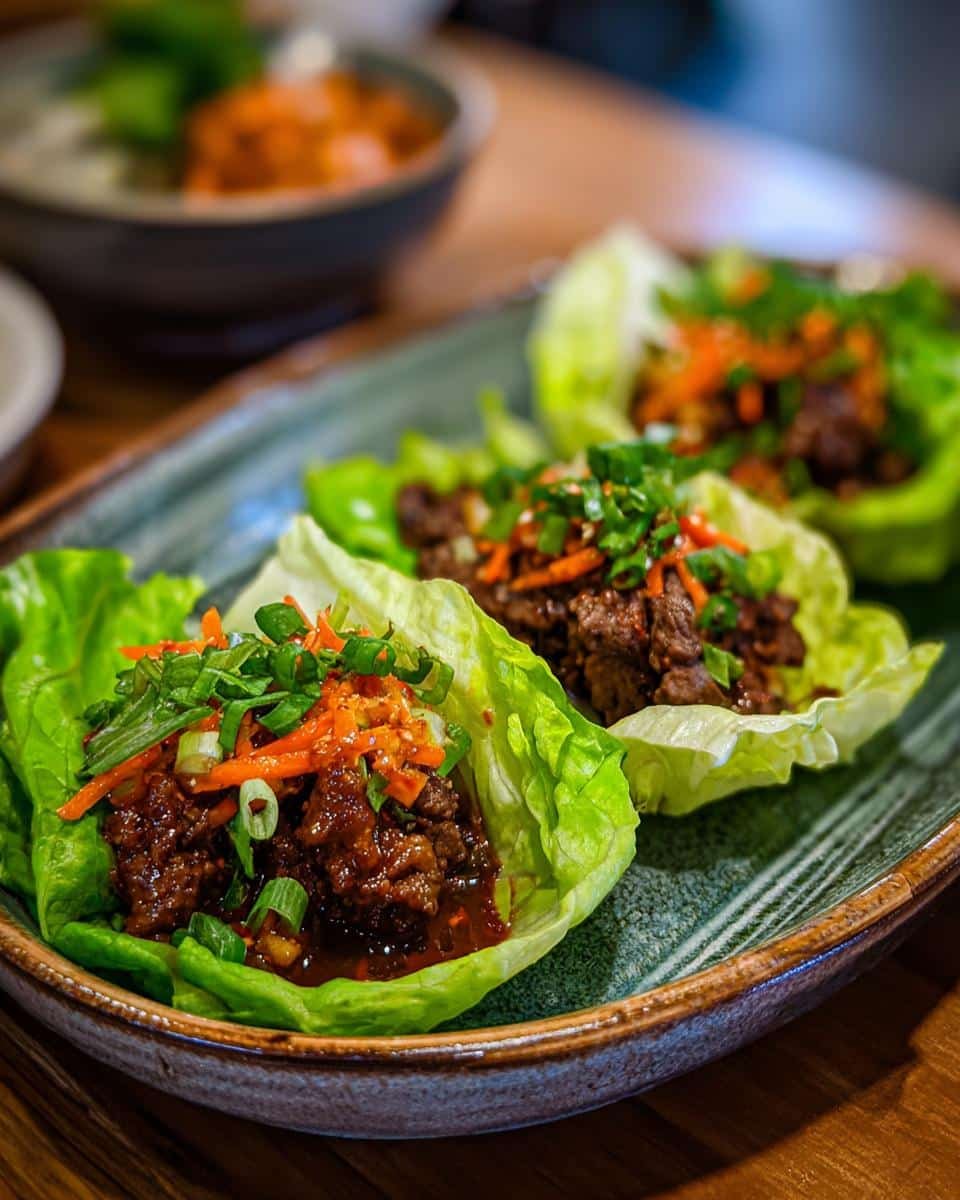 Savory Asian Ground Beef Lettuce Wraps: 10-Minute Meal 9 Three Asian Ground Beef Lettuce Wraps on a plate, garnished with carrots and green onions.