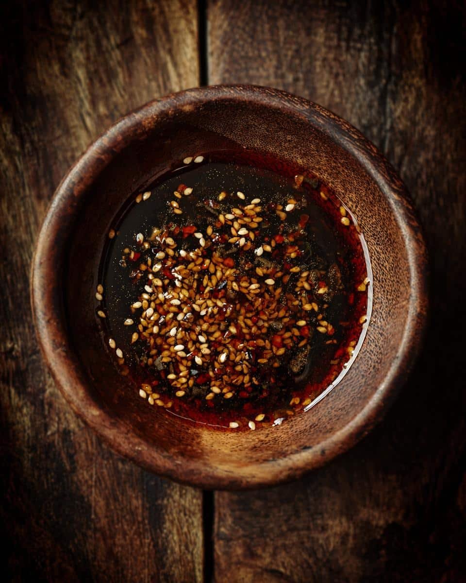Raving 5-Minute Easy Asian Sesame Dressing Recipe 9 Overhead view of Easy Asian Sesame Dressing in a wooden bowl, showing sesame seeds and chili flakes.