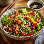 Bowl of salad with Easy Asian Sesame Dressing, peppers, onions, lettuce, and sesame seeds.