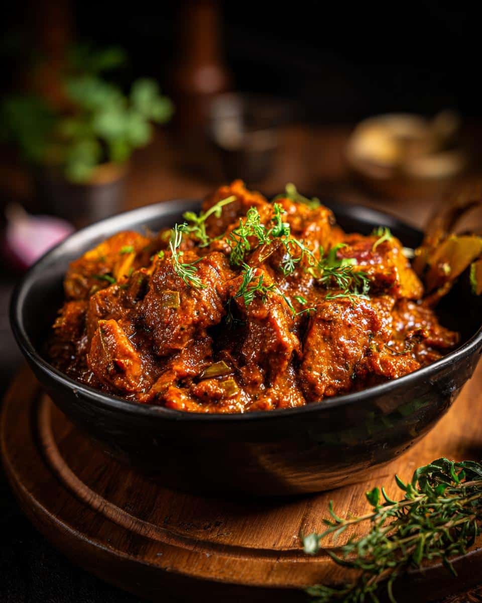 Authentic Chicken Curry Indian: Shockingly Easy Recipe 6 A bowl of Authentic Chicken Curry Indian, garnished with fresh herbs, sits on a wooden board.