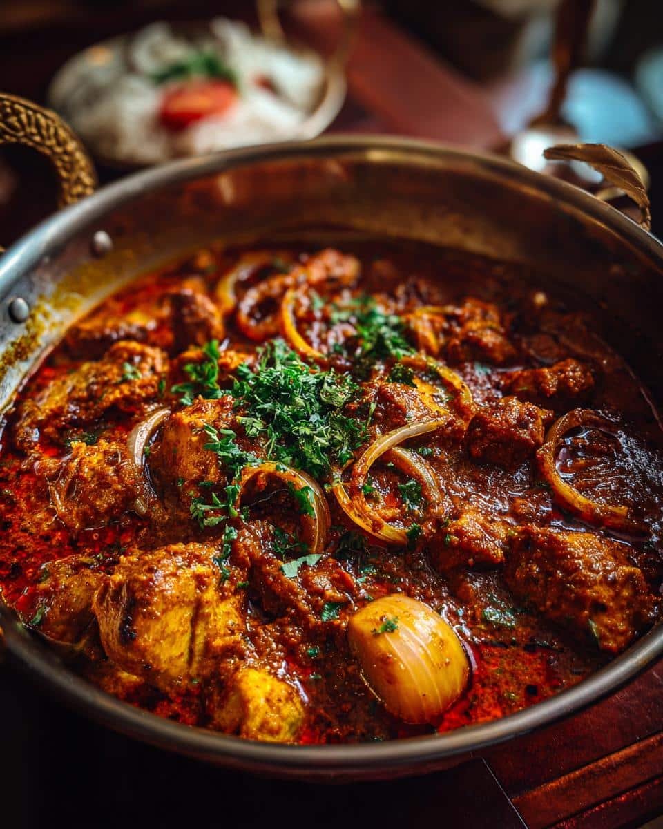 Authentic Chicken Curry Indian: Shockingly Easy Recipe 9 A close-up of Authentic Chicken Curry Indian, served in a metal dish with onions and fresh herbs.