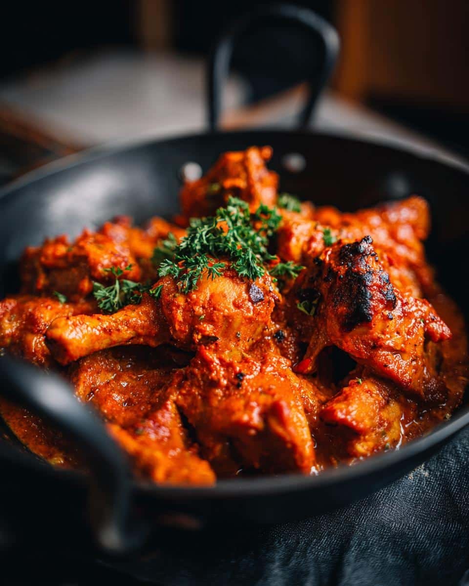 Authentic Chicken Curry Indian: Shockingly Easy Recipe 7 Close-up of Authentic Chicken Curry Indian in a black serving dish, garnished with fresh herbs.