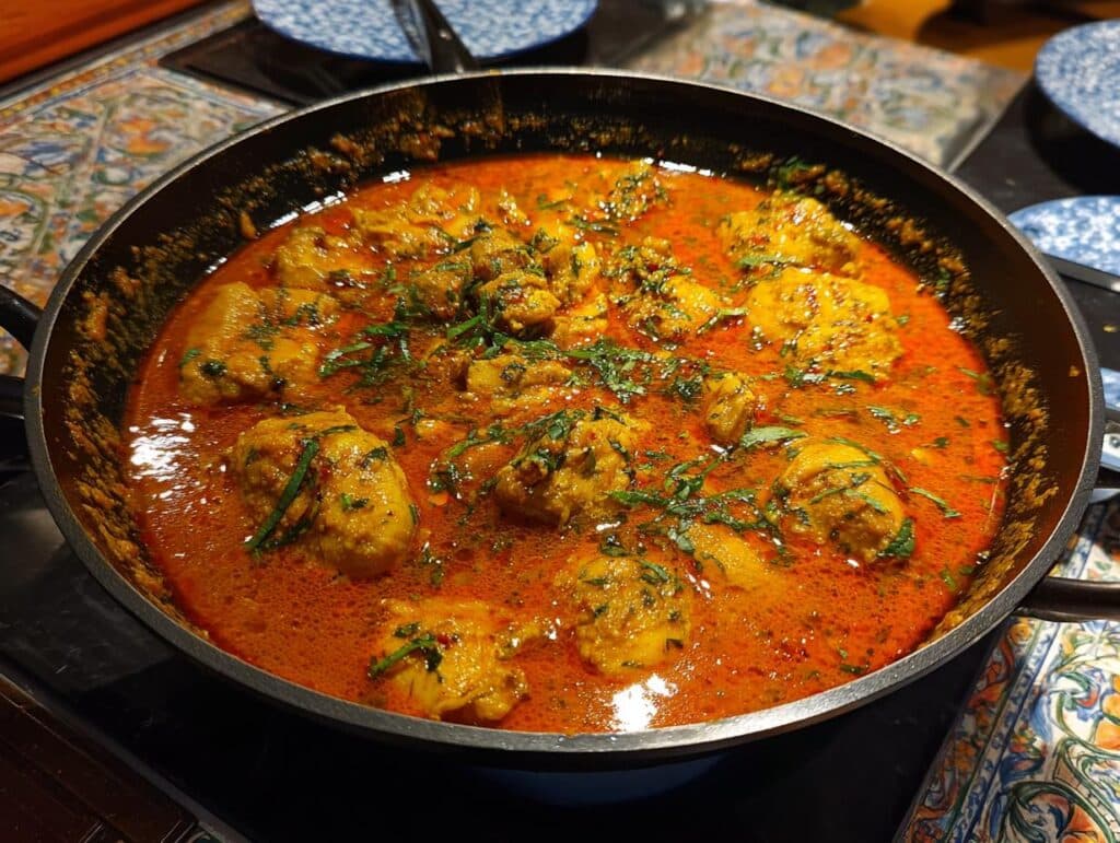 A pan filled with delicious Authentic Chicken Curry Indian, garnished with fresh herbs.
