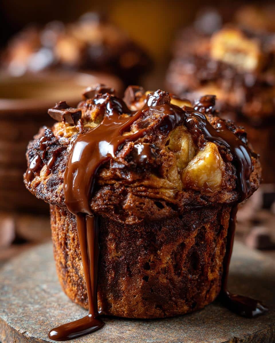 Sinful Bananamisu Chocolate Muffins: Just 20 Minutes 9 Close-up of a Bananamisu Chocolate Muffin with chocolate drizzle and banana chunks on top.
