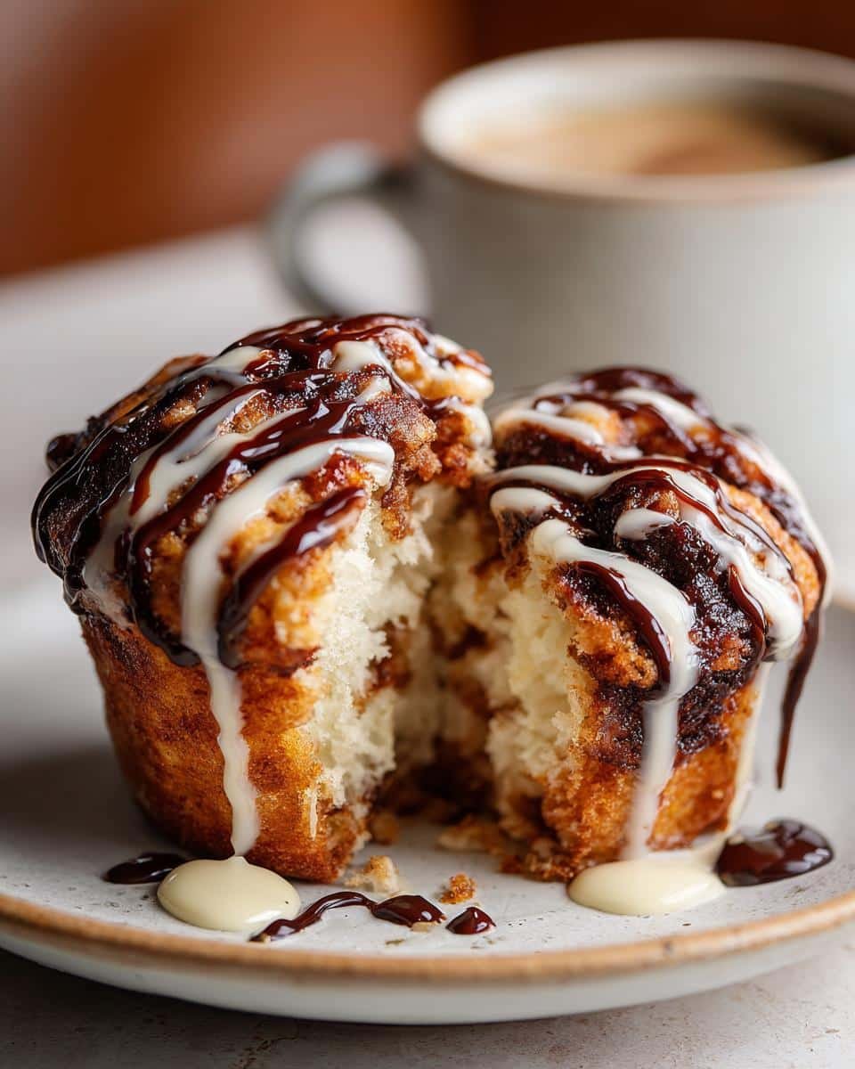 Sinful Bananamisu Chocolate Muffins: Just 20 Minutes 8 A split Bananamisu Chocolate Muffin drizzled with chocolate and vanilla glaze, showcasing its soft interior.