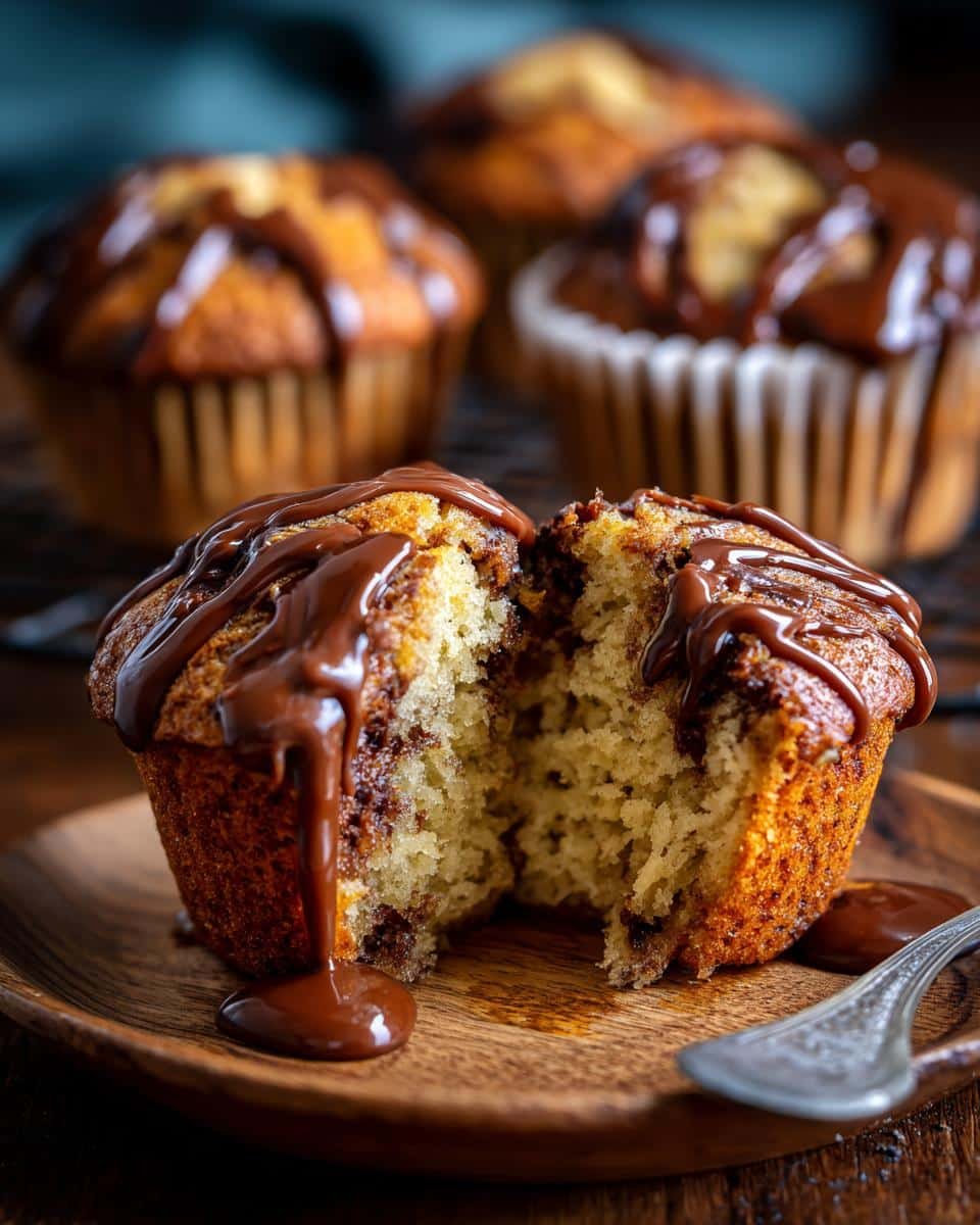 Sinful Bananamisu Chocolate Muffins: Just 20 Minutes 6 Close-up of a Bananamisu Chocolate Muffin split open, drizzled with chocolate on a wooden plate.