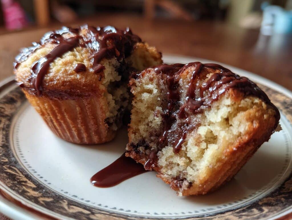 Close-up of a Bananamisu Chocolate Muffin, split open with chocolate drizzle on a decorative plate.