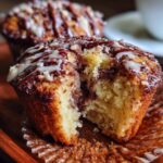 Close-up of a Bananamisu Chocolate Muffin with a bite taken out, showing the chocolate filling and glaze.