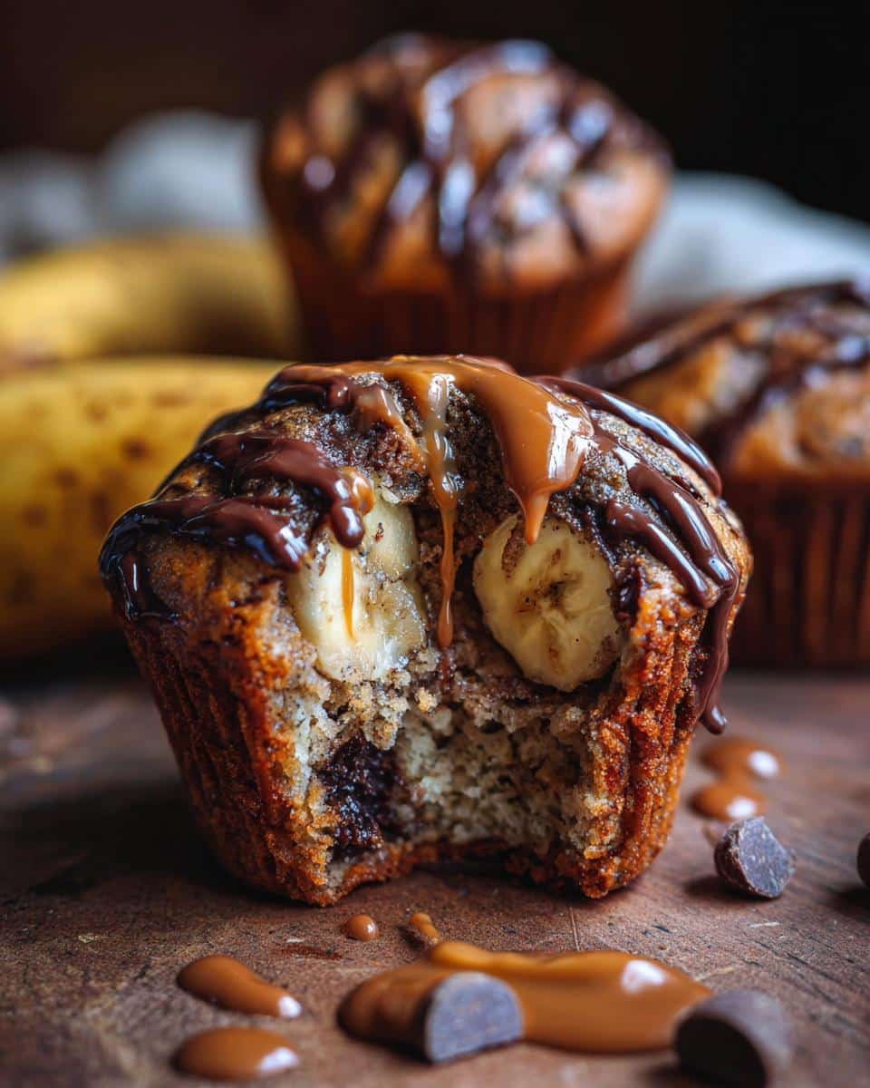 Sinful Bananamisu Chocolate Muffins: Just 20 Minutes 7 A decadent Bananamisu Chocolate Muffin with banana slices, chocolate drizzle, and caramel topping.
