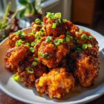 A plate of crispy Bang Bang Chicken Thighs, glazed with a spicy sauce and garnished with green onions.