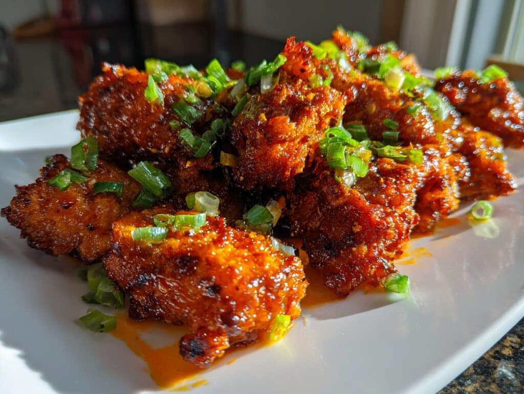 Close-up of Bang Bang Chicken Thighs on a white plate, garnished with fresh green onions.