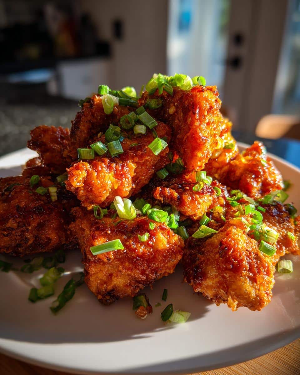 Irresistible Bang Bang Chicken Thighs in Just 30 Minutes 7 A plate of crispy Bang Bang Chicken Thighs, garnished with fresh green onions.