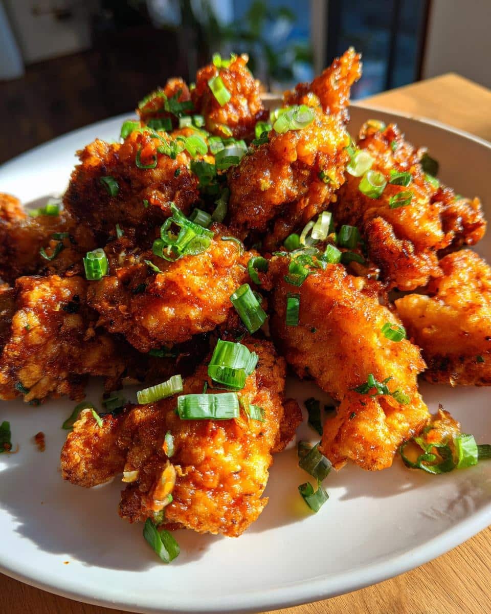 Irresistible Bang Bang Chicken Thighs in Just 30 Minutes 9 A plate of crispy Bang Bang Chicken Thighs, garnished with fresh green onions.