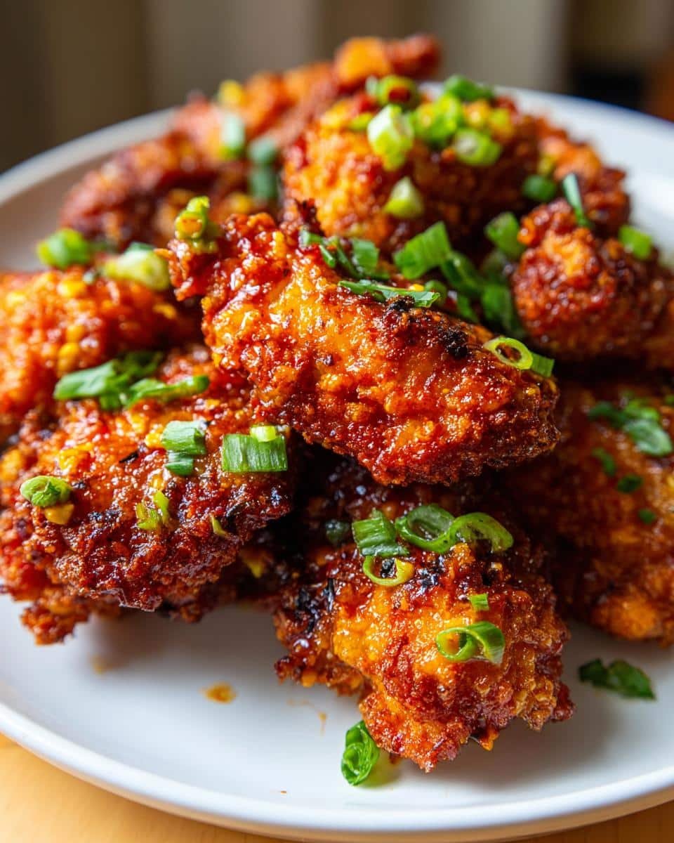 Irresistible Bang Bang Chicken Thighs in Just 30 Minutes 6 A plate of crispy Bang Bang Chicken Thighs, garnished with fresh green onions, ready to be served.