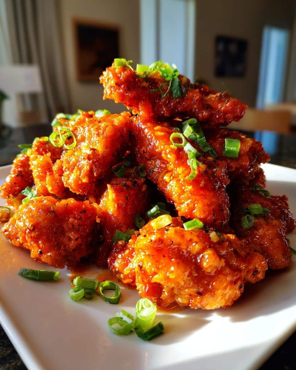 Irresistible Bang Bang Chicken Thighs in Just 30 Minutes 8 A stack of glazed Bang Bang Chicken Thighs, garnished with green onions, on a white plate.