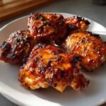 Close-up of BBQ Chicken Thighs Oven Recipe on a white plate, glazed and garnished with herbs.