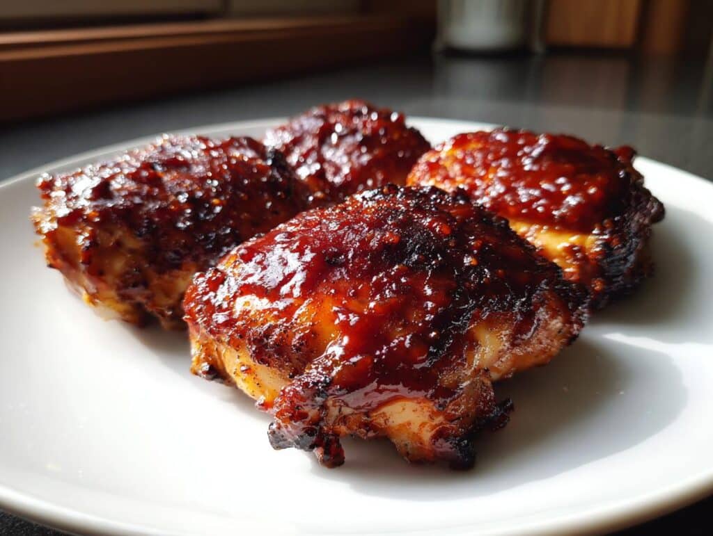 Close-up of BBQ Chicken Thighs Oven Recipe, glazed and arranged on a white plate.