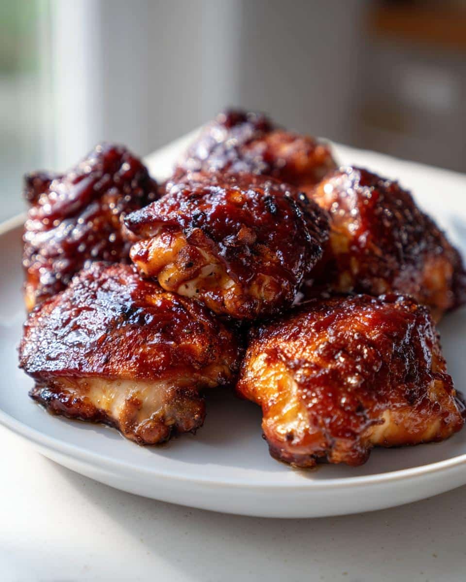 BBQ Chicken Thighs Oven Recipe: Unbelievably Delicious 6 Pile of glazed BBQ Chicken Thighs Oven Recipe on a white plate, ready to serve.