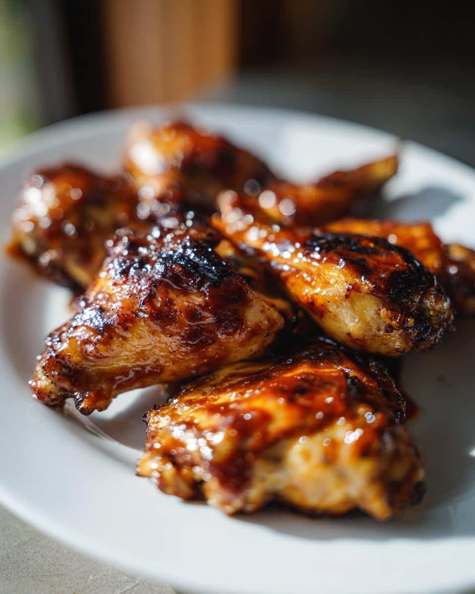 BBQ Chicken Thighs Oven Recipe: Unbelievably Delicious 7 Close-up of BBQ Chicken Thighs Oven Recipe on a white plate, glazed with BBQ sauce and cooked to perfection.