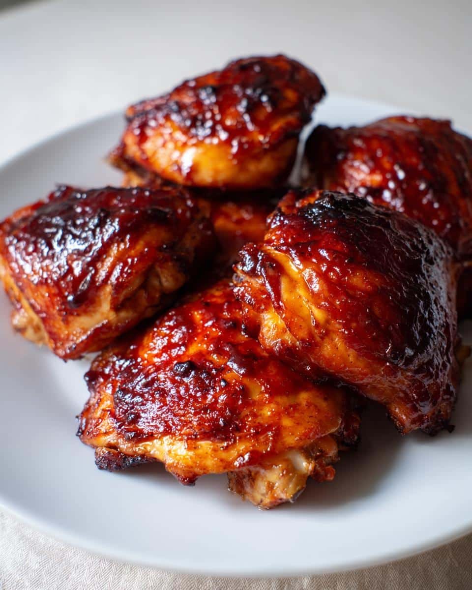 BBQ Chicken Thighs Oven Recipe: Unbelievably Delicious 9 Close-up of BBQ Chicken Thighs Oven Recipe on a white plate, showing the glazed and slightly charred skin.