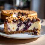A delicious slice of Blueberry Chocolate Crumble Cheesecake with a golden crumble topping and creamy filling.