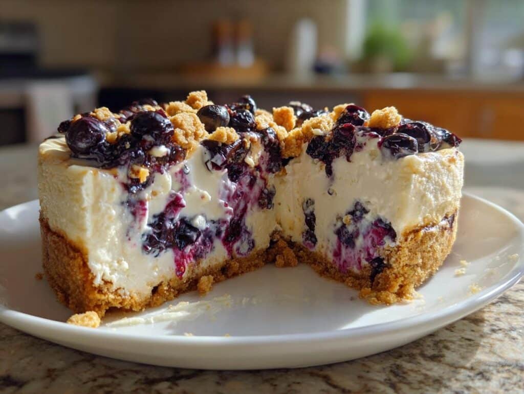 A slice of Blueberry Chocolate Crumble Cheesecake on a white plate, showcasing the layers and textures.