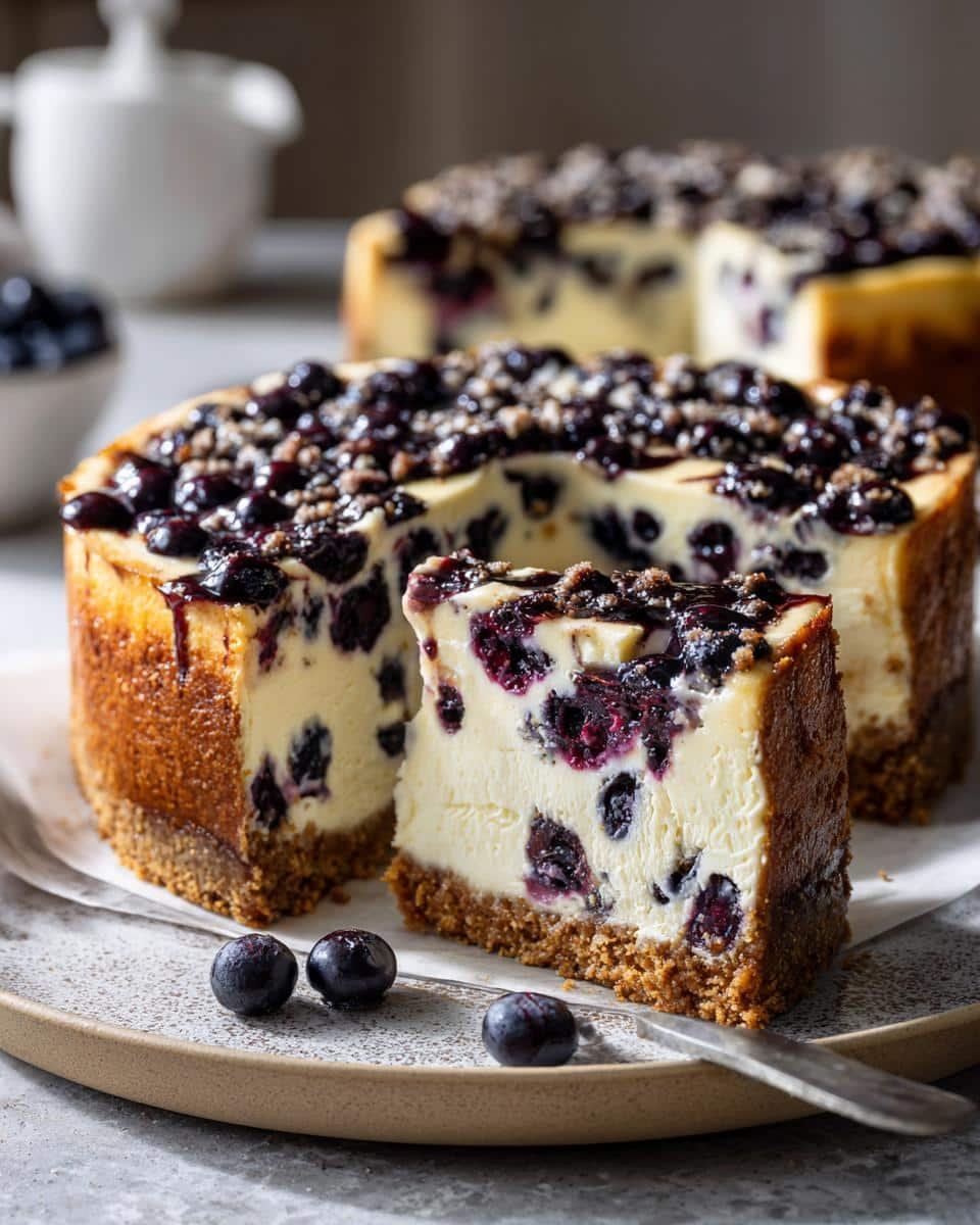 Failed Blueberry Chocolate Crumble Cheesecake Fix: 8 Tips 6 A slice of Blueberry Chocolate Crumble Cheesecake with blueberries and crumble topping on a plate.