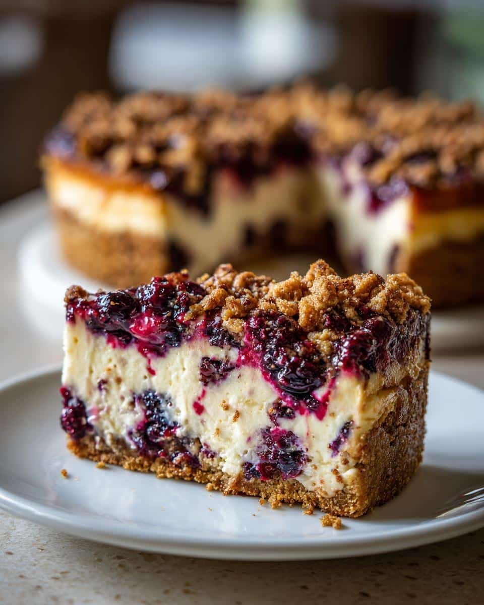 Failed Blueberry Chocolate Crumble Cheesecake Fix: 8 Tips 7 A slice of Blueberry Chocolate Crumble Cheesecake with a crumbly topping and blueberry filling.