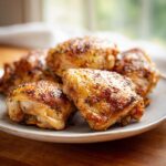 Close-up of seasoned Boneless Skinless Chicken Thighs Oven baked on a plate, ready to serve.