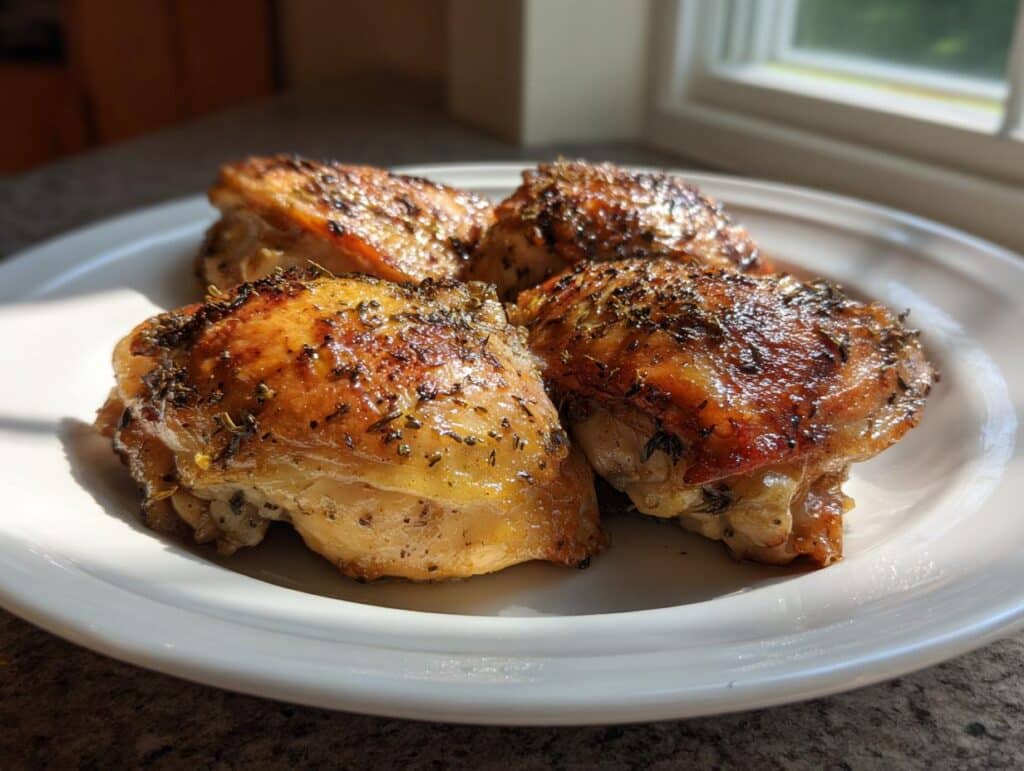 Four golden brown Boneless Skinless Chicken Thighs Oven roasted and seasoned with herbs on a white plate.