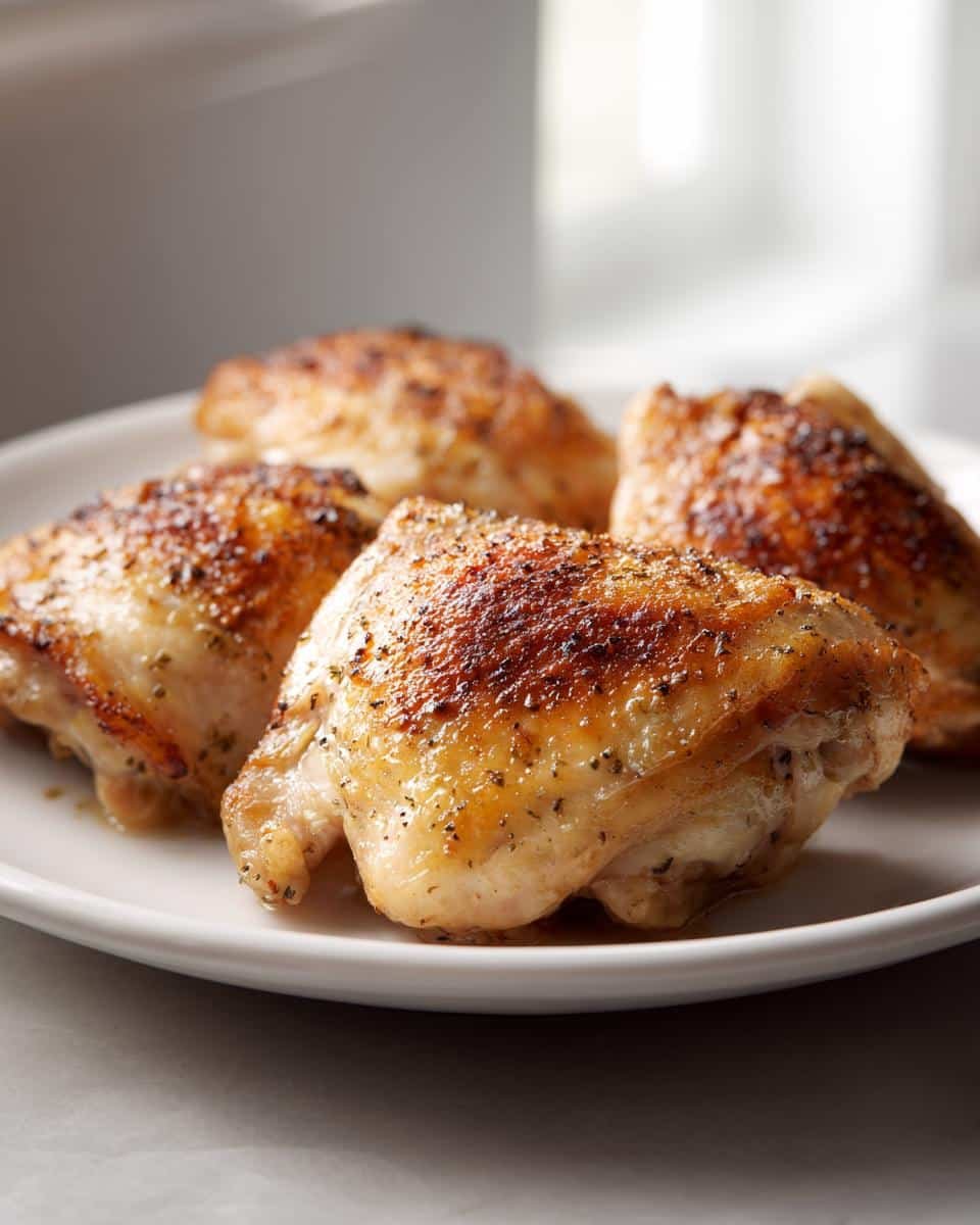 Fail-Proof Boneless Skinless Chicken Thighs Oven in 25 8 Four golden brown Boneless Skinless Chicken Thighs Oven baked and seasoned on a white plate.