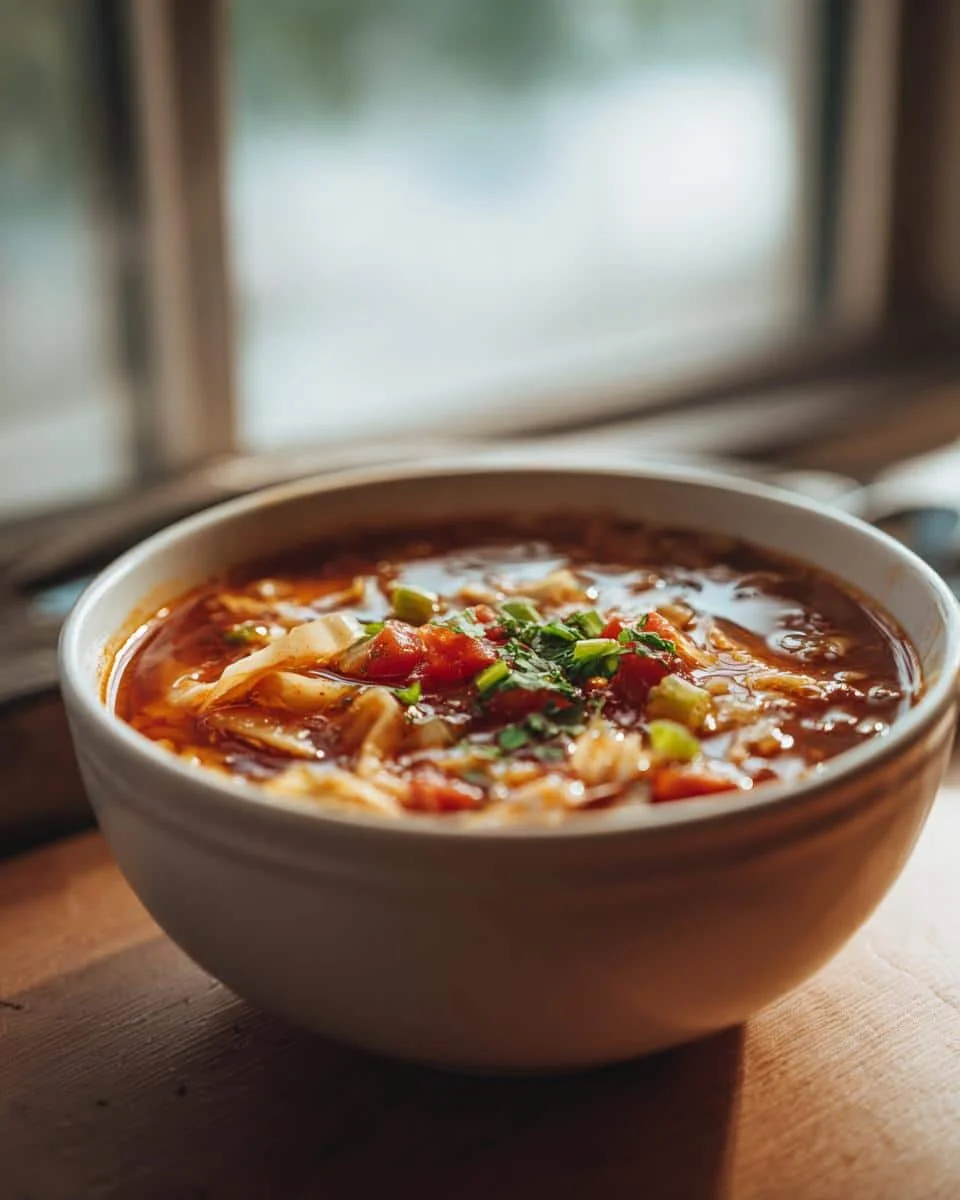 Disgustingly Easy 30-Minute Cabbage Soup Recipe 9 Close-up of a bowl of Cabbage Soup, garnished with fresh herbs and diced tomatoes.