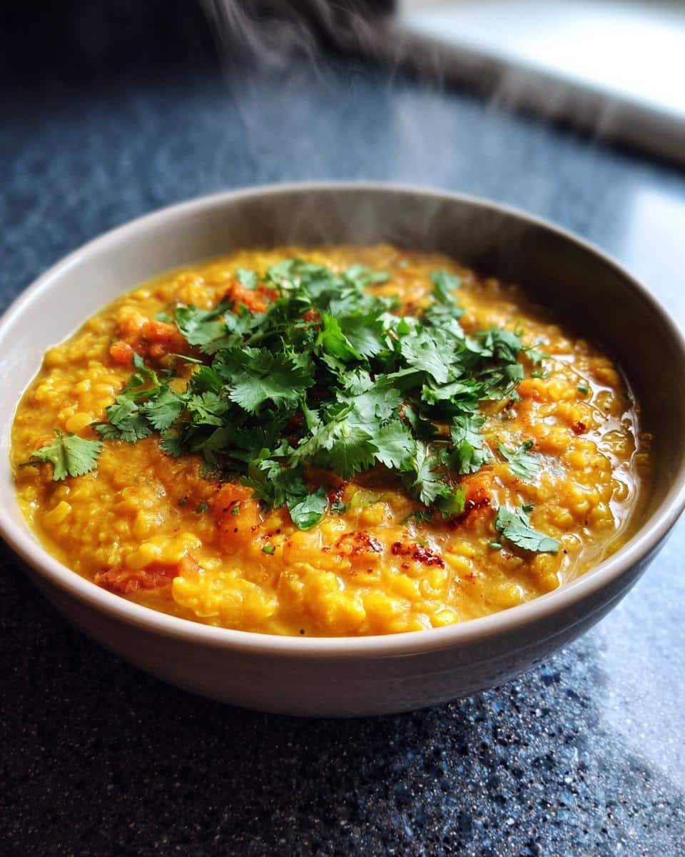 Delicious Lentil Curry: An Incredibly Easy Recipe 9 Steaming bowl of lentil curry topped with fresh cilantro, ready to eat.