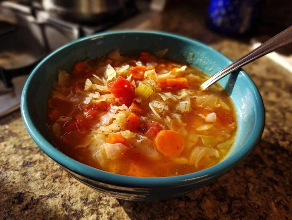 A vibrant bowl of homemade Cabbage Soup with visible cabbage, carrots, and tomatoes.