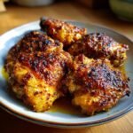 Plate of golden brown Brown Sugar Dijon Chicken Thighs with a crispy glaze.