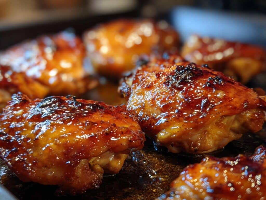 Close up of glazed Brown Sugar Dijon Chicken Thighs on a baking sheet, ready to serve.