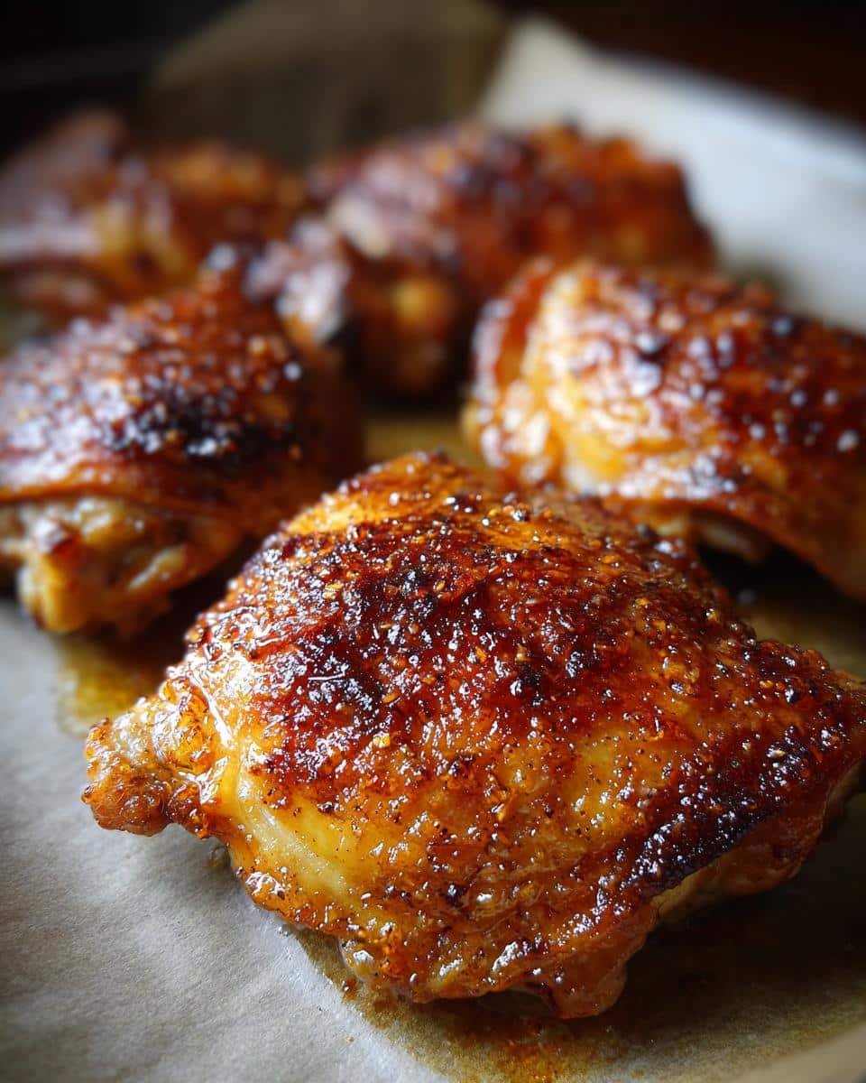 Fail-Proof Brown Sugar Dijon Chicken Thighs in 30 Min 7 Close-up of baked Brown Sugar Dijon Chicken Thighs with a crispy, glazed skin.