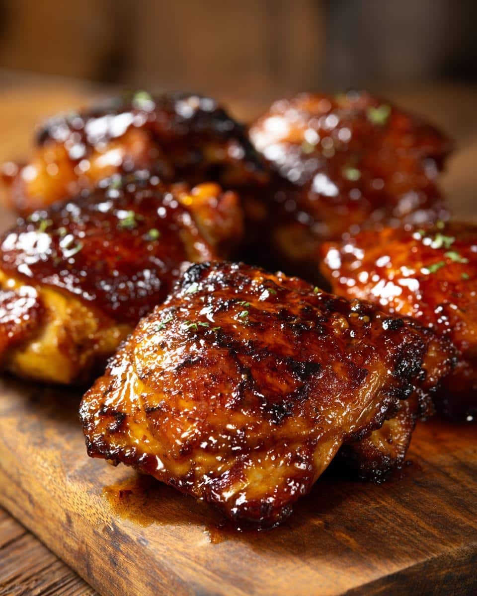Fail-Proof Brown Sugar Dijon Chicken Thighs in 30 Min 8 Close-up of glazed Brown Sugar Dijon Chicken Thighs on a wooden board, garnished with herbs.