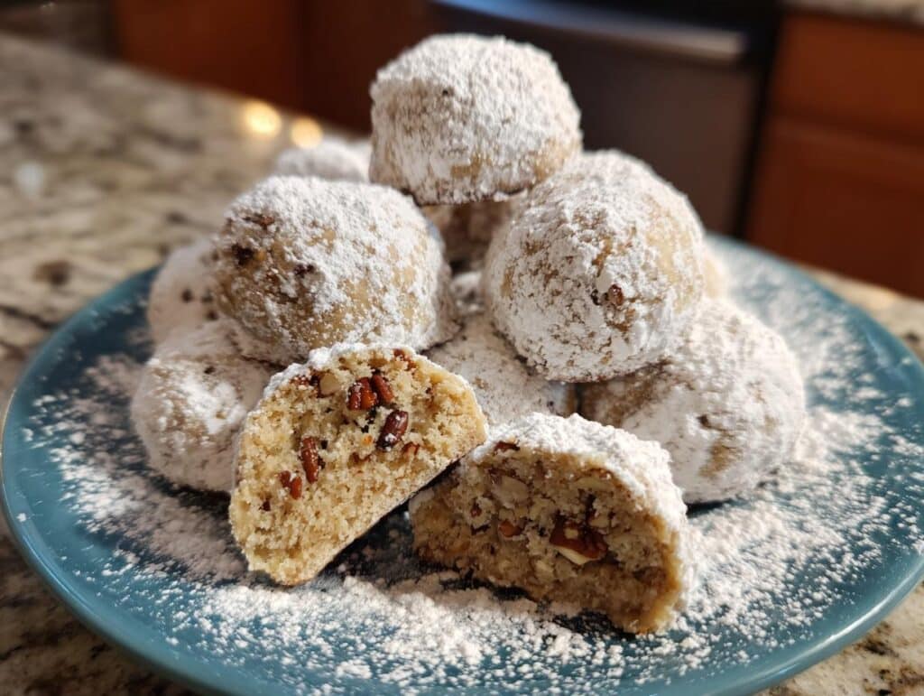 A stack of Buttery Pecan Snowball Cookies on a blue plate, one cookie is cut in half to show the pecan filling.