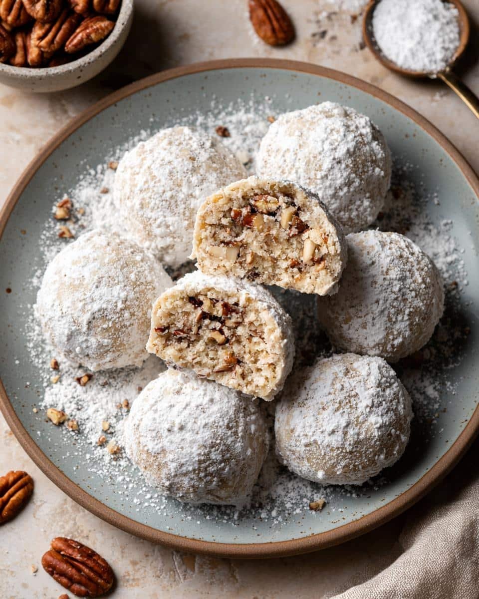 Flawless Buttery Pecan Snowball Cookies in 15 Minutes 6 A plate of Buttery Pecan Snowball Cookies, one cut in half to show pecan filling and powdered sugar coating.